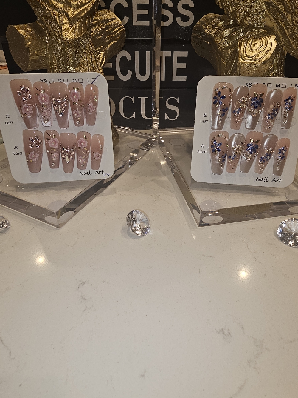 Nail Art Press-On Nails with Pink Floral Rhinestones